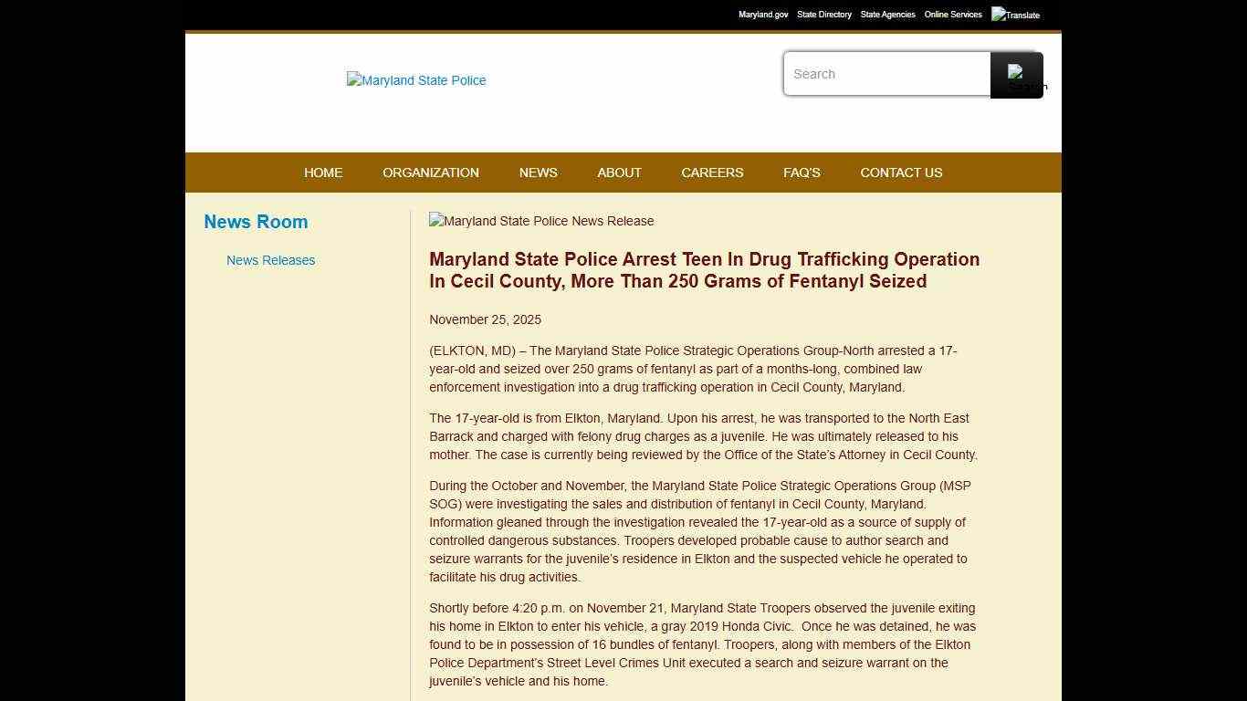 Maryland State Police Arrest Teen In Drug Trafficking Operation In Cecil County, More Than 250 Grams of Fentanyl Seized